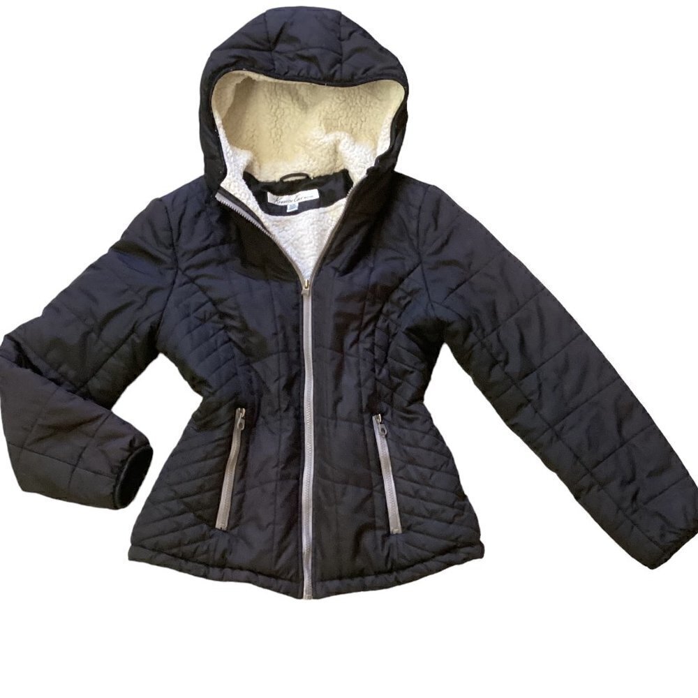 Kenneth Cole Hooded Puffer JacketFull Zip Faux Sherpa Lined Sz M Black #117Q
